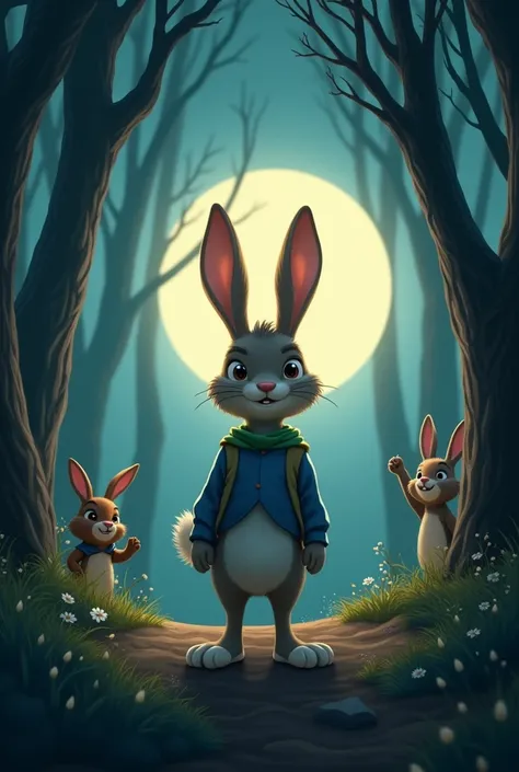 The next night, bunny name Benny stands confidently at the edge of the forest, looking into the dark trees without fear. The forest appears welcoming, with soft moonlight casting a gentle glow over everything. Benny’s head is held high, and his ears are pe...