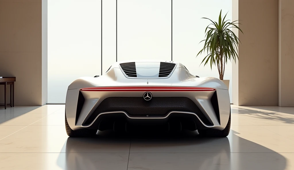 Imagine the same sleek, modern white Mercedes-Benz concept car, but this time positioned to showcase the back view. The car remains in the center of the image, angled slightly toward the viewer, but with the rear of the vehicle now in focus.

The large whe...