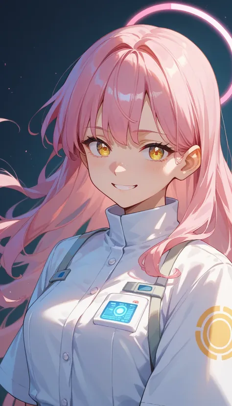 A female anime character with soft, flowing pink hair and a warm smile. She wears a light  pink  and white medical suit with glowing, soft yellow bands around her arms. Small holographic orbs float around her hands as if healing energy is radiating from th...