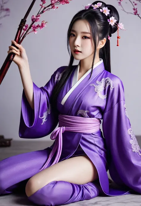 A beautiful hanfu purple is wrapped in tentacles on her hands and breasts,The tentacles wrapped around both legs and lifted one leg up