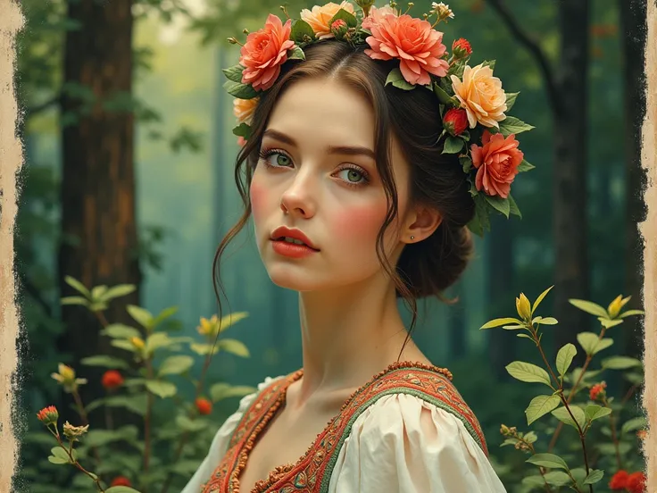 Vintage poster of a beautiful Slavic woman’s face in traditional slavic costume, flower crown, dancing in the forest