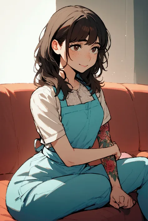 a woman wearing an apron with the text "Best Mom in the World", a casual blouse, and light blue casual pants, 162cm tall, brown eyes, black medium-length hair, freckles, braces, small breasts, some tattoos, calm and happy expression, sitting on a couch wit...