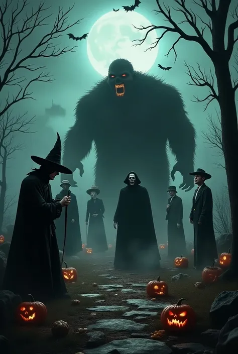 Halloween image with the following elements: pumpkin, ghost, sorceress, vampire, monster, bat, spider, , costume, sweets, Skeleton,  cemetery , haunted house, mask  