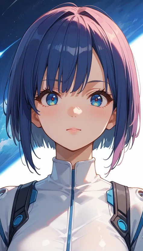 portrait anime girl, 20years old, straight view, looking at viewer, anime style clothes of black color, anime girl, solo girl, solo, short hairs blended with long hairs, anime style eyes of high details, blue color eyes, futuristic space background, ultra ...