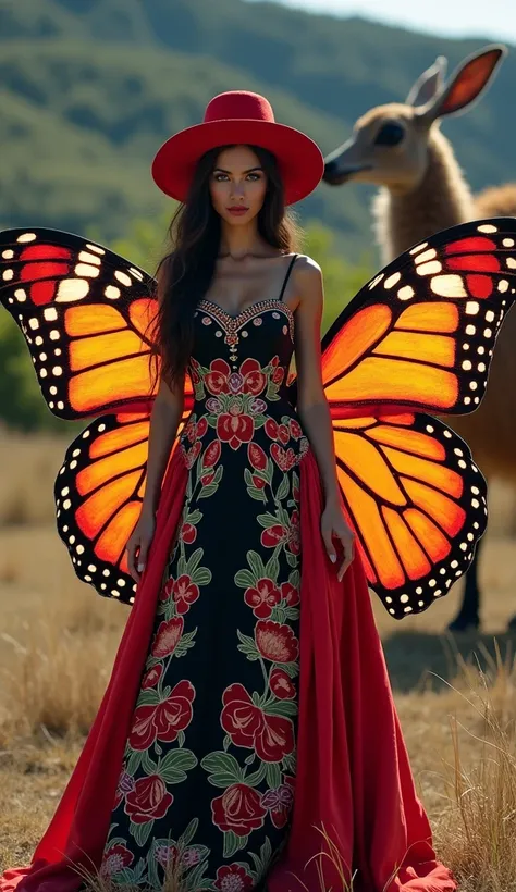 create A beautiful peru Women As Butterfly Glowing Wings , peru Flag Colours Wings, Standing Straight, Beautiful Long Hairs, Blue Eyes, Wearing Beautiful peru Cultural Dress with red hat,  Masterpiece, Eye Catching Background With A Giant Vicuna Standing o...