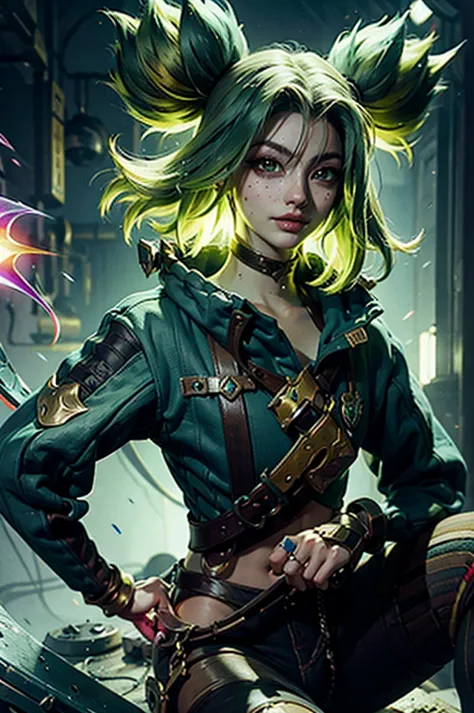 Psychedelic style, Персонаж игры League of Legends, zeri, Metaverse, Detail, green hair.