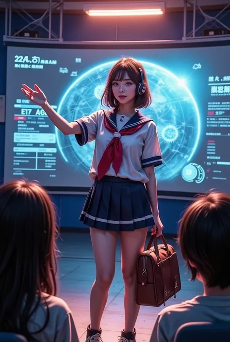 A beautiful idol in a virtual space , has a girl in an adorable sailor uniform ,Wearing a headset, sing and dance on a holographic stage watched by an enthusiastic audience, The stage is drawn with a 3D holograph in the background, various information abou...