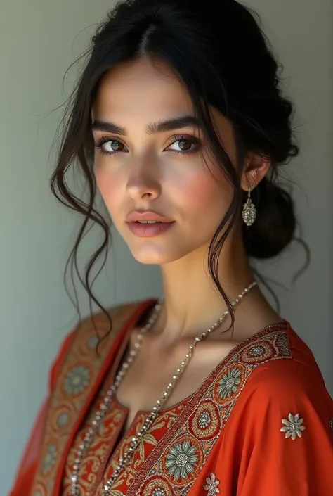 A women with big eyes black eyebrows thin lips and with white skin in Pakistani dress