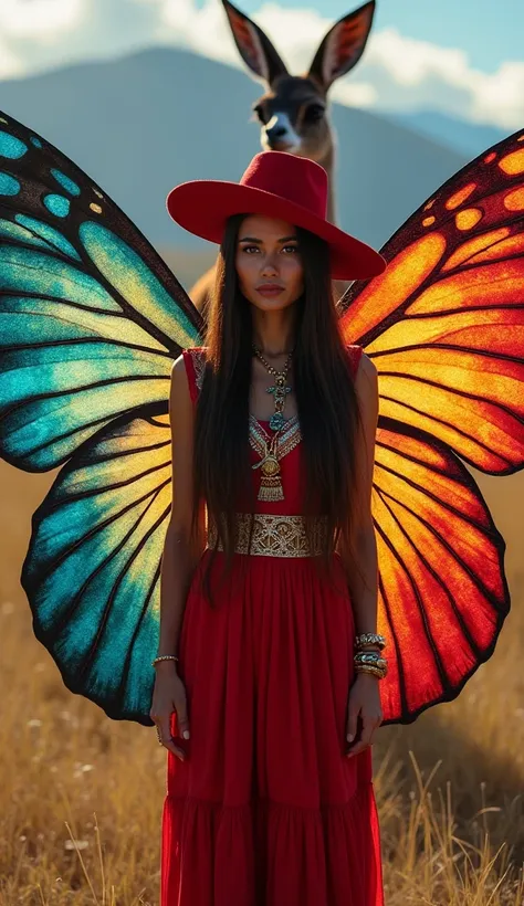 create A beautiful peru Women As Butterfly Glowing Wings , peru Flag Colours Wings, Standing Straight, Beautiful Long Hairs, Blue Eyes, Wearing Beautiful peru Cultural Dress with red hat,  Masterpiece, Eye Catching Background With A Giant Vicuna Standing o...