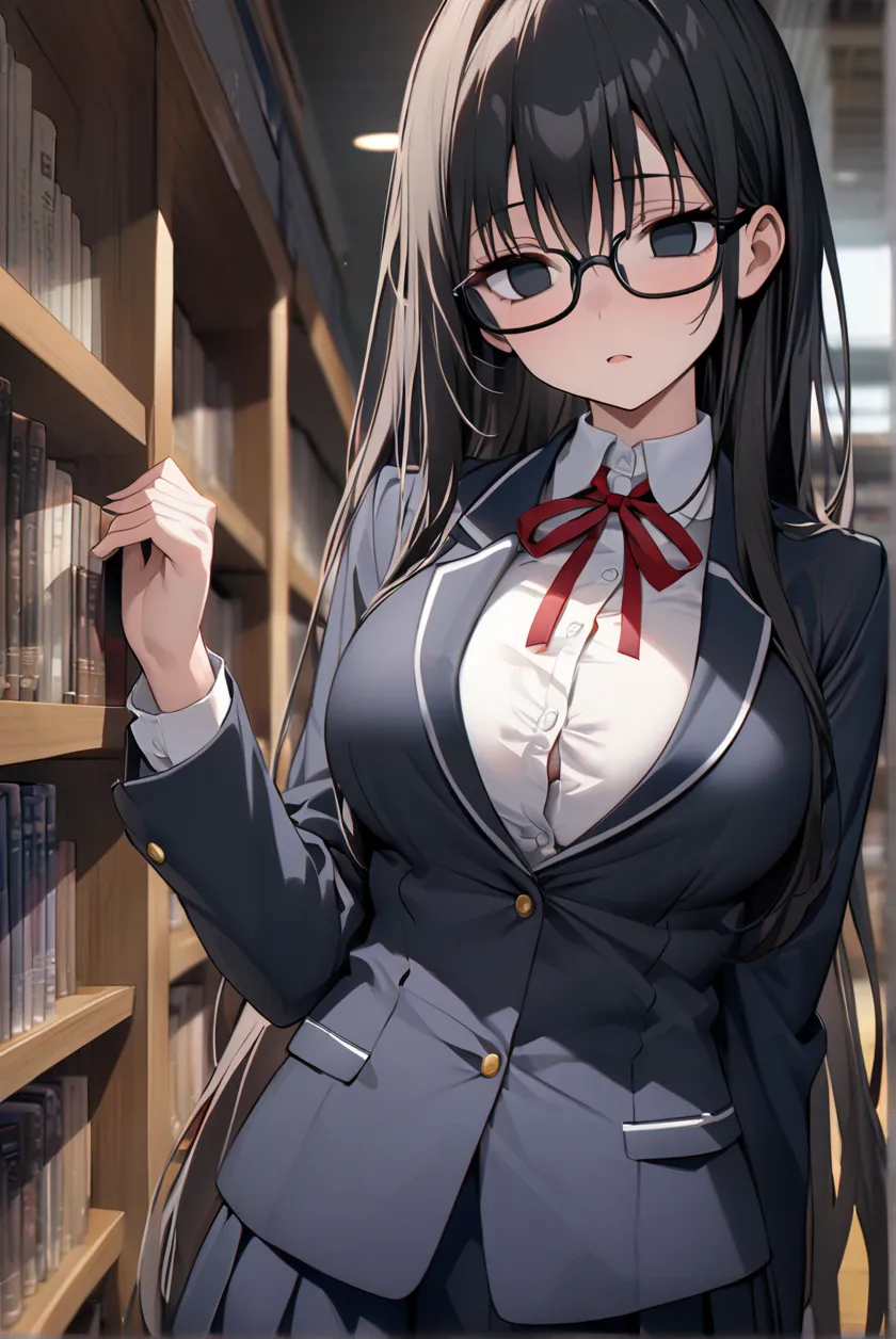 （masterpiece, best quality:1.2)、 high school girl、black hair、very long hair、black eyes、empty eyes、 slender、glasses、黒いschool unif...