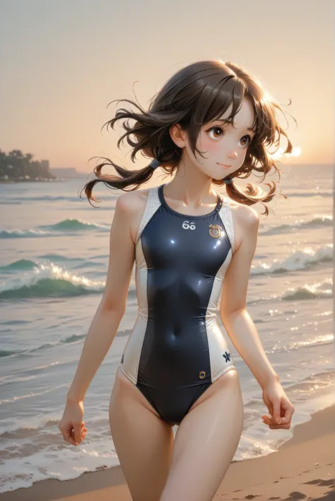 1 tiny girl, little smile, portrait, little fat, brown eyes, forehead, black curly short hair, low twintails hair, walking, outdoor, 1920s classic swimsuit, sunset beach background, dynamic female action pose, shy, Gustav Klimt: art-nouveau style,