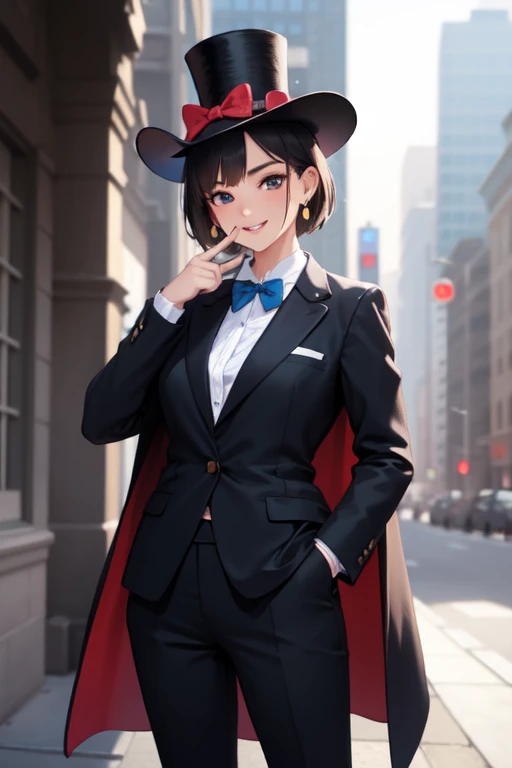 (photorealism:1.2), beautiful woman,hat,solo,top_hat,bow,bowtie,pants,looking_at_viewer, short_hair, shirt, hand_in_pocket,shirt,bowtie, long_sleeves, cowboy_shot,headwear, smile, jewelry,earrings,tuxedo, finger_to_mouth,parted_lips,jacket,coat, pants, jac...