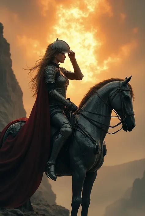 Une vue en contre plongée dune Un chevalier médiéval en armure medivale qui retire son casque de combat cest en faire un tres belle femme aux traits scandinaves, elle est sur son cheval cest un cheval métallique robot futuriste elle regarde le paysage depu...