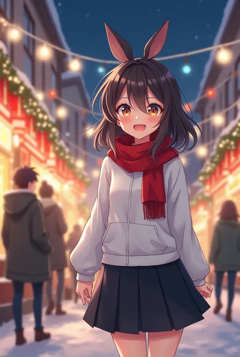 Anime girl wear white shirt and short black dress is hanging out with her brother in Noel night