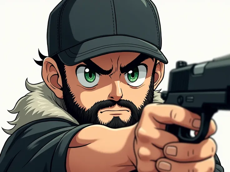  masterpiece ,  anime style, Chibi, man, Beard and mustache,  fur, with black cap, black polo shirt ,  green eyes, shooting with a gun