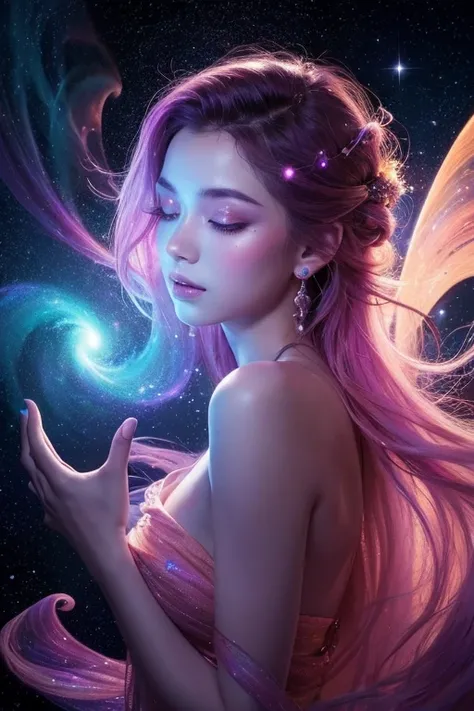 A mystical, cosmic woman whose skin is seamlessly blended with the vibrant colors and textures of a galaxy. Her upper body and face are covered in detailed nebulae, stars, and cosmic clouds, creating the appearance of a universe contained within her form. ...