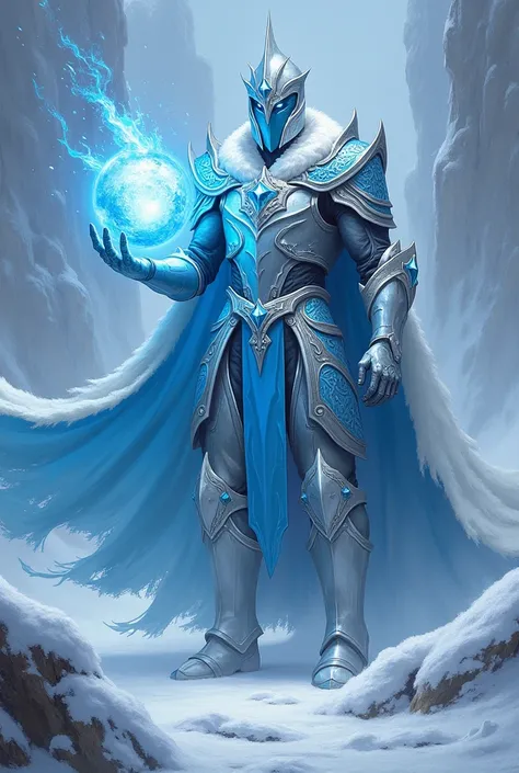 Create magic the gathering style: a man wearing ice-platinum armor with blue ornaments with a helmet covering his entire face with his body tilted forward holding an ice sphere in an all-snowy environment