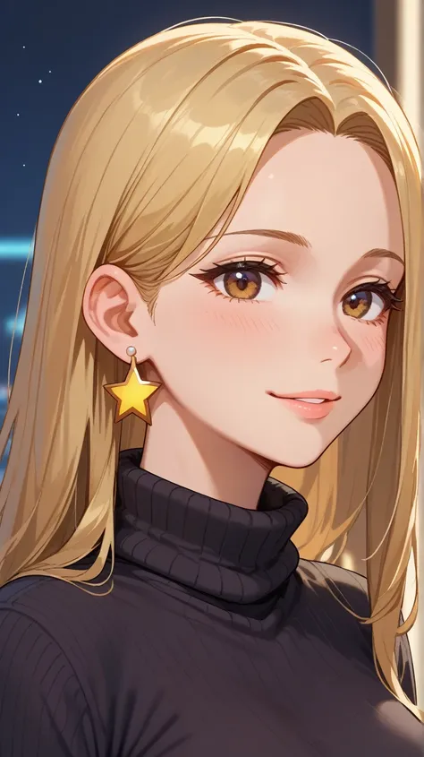 A vibrant anime girl with short, golden blonde hair styled in a bob and warm brown eyes. She’s dressed in a stylish black turtleneck sweater with a white collared shirt peeking out underneath. She accessorizes with small star-shaped earrings, and her backg...