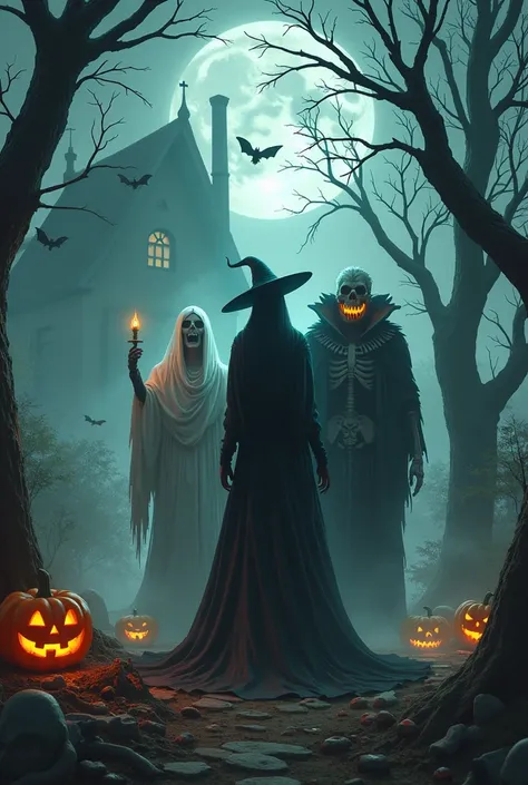 Halloween image with the following elements: pumpkin, ghost, sorceress, vampire, monster, bat, spider, , costume, sweets, Skeleton,  cemetery , haunted house, mask  