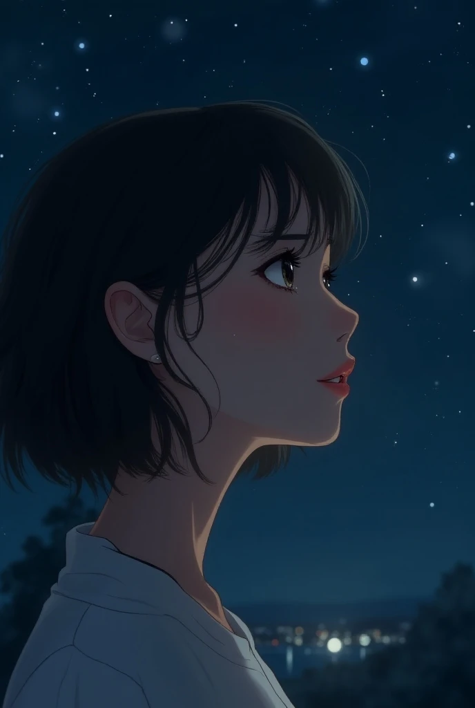 A girl with a flat beautiful nose and korean mix srilankan eyes and full lips looking at the night sky crying and thinking about her crush with a scientific mind 