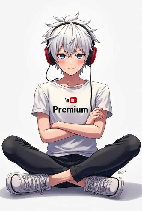 Create an anime boy and man with white hair and make him see his full body,  that he is sitting across his legs and that he has red and white headphones and that he is smiling and that his arms are crossed and that in the middle of his body there is a text...