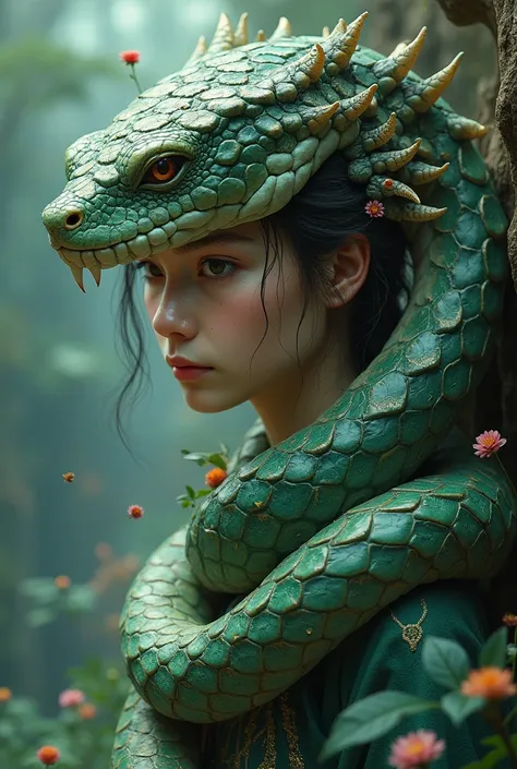 Fusion of snakes and turtles 、 1 girl,  with a background that fits the vibe、Girls also blend 