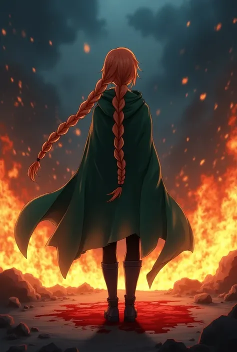 anime woman viewed from behind. She has very long bright braided ginger hair. She wears black clothes, black boots and a green hooded cloak not on her head. She stands on the ground, surrounded by flames and alot of blood on the ground around her. while th...