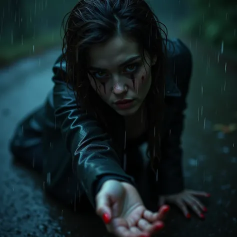 close up of a woman facing foward in a dark rainy night on the floor, she extends her hand begging more, her make up is ruined by the rain