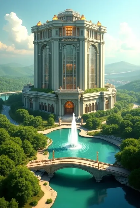 Generate a futuristic big TOWER HOTEL, Clasical variation building, with the logo RUSDHY RECYDENCE, the fountain gushes beautifully, Large Garden, lake bridge, Green City And Natural Settings As Well There Is A Highway, Green City, Realistic Quality Ultra ...