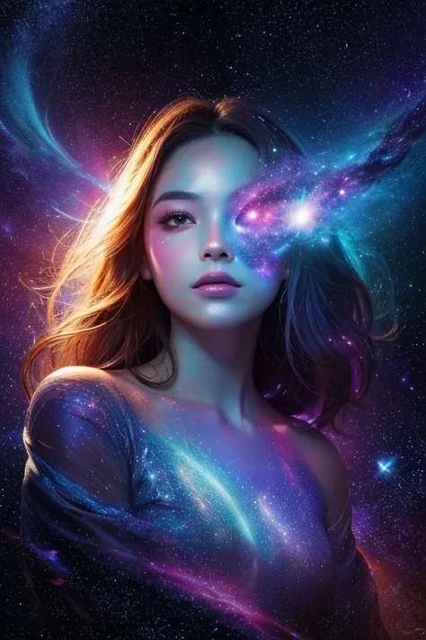 A surreal, cosmic woman with her entire body and face seamlessly merged with the colors and textures of outer space, making her skin appear like it is made entirely of galaxies, nebulae, and stardust. The contours of her body dissolve into swirling colors ...