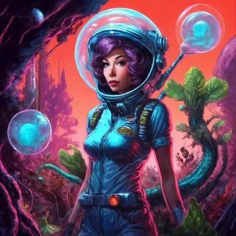 a cute woman (sexy space explorer, lit neon trim, bubble helmet, science tools) is examining plants and animals on an alien forest world, her 50s rocket ship nearby, a tentacle rape beast in shadows
