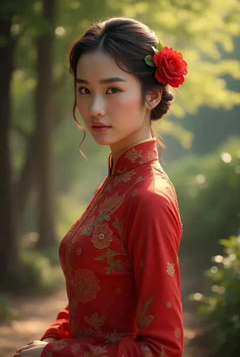 beautiful girl, vintage burmese patterned traditional dress, red dress, put a small red rose in her hair, outdoor, perfect light, masterpiece, best quality, ultra detailed, cinematic feels, looking at the viewer, 8k, RAW photo, digital art drawing, photo r...