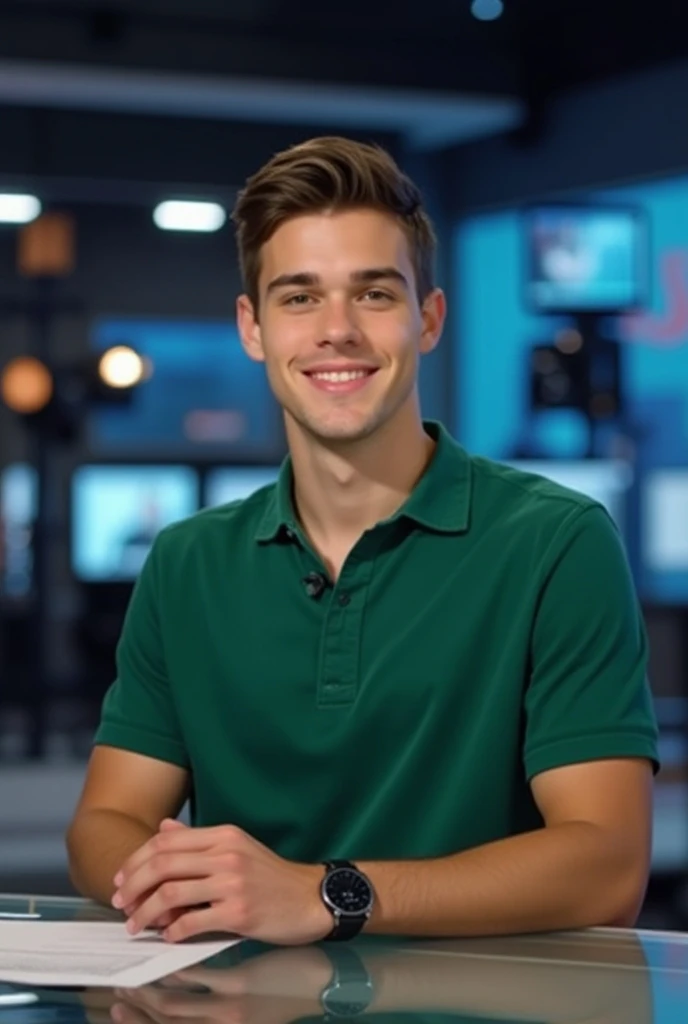 A 21 year old boy is sitting in the news room, he has a watch on his hand, he is wearing a green shirt and he is looking ahead and speaking while smiling