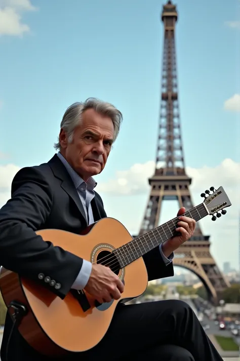 The man playing guitar face to Camara background Paris Tower