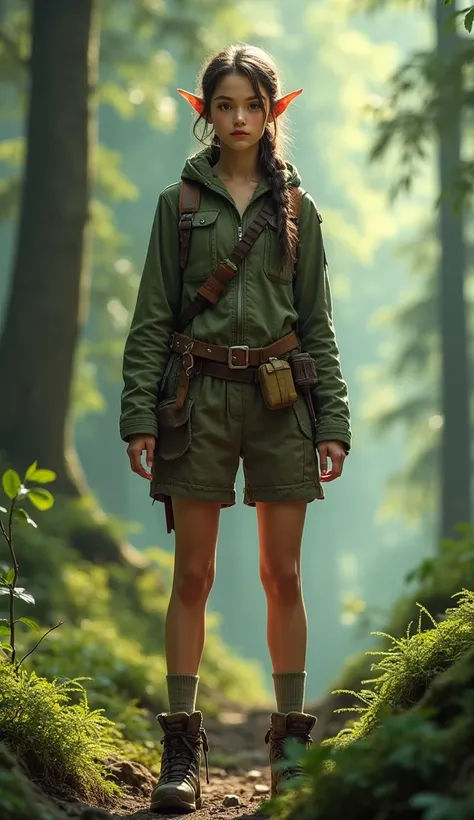 A young elf woman in a camping suit stands with her legs wide apart