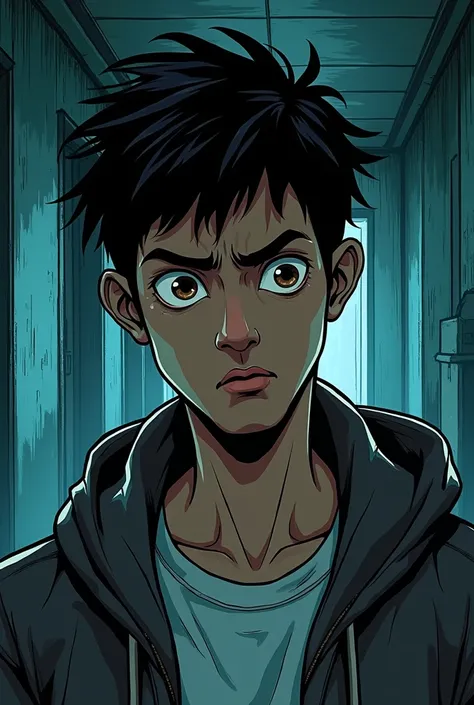 "Comic book-style illustration of Rahim, a young man, looking anxious as he remembers the dark rumors about Ward 13. The background shows a shadowy, eerie hospital hallway. Rahims expression reflects tension, with the atmosphere dark and foreboding. The st...