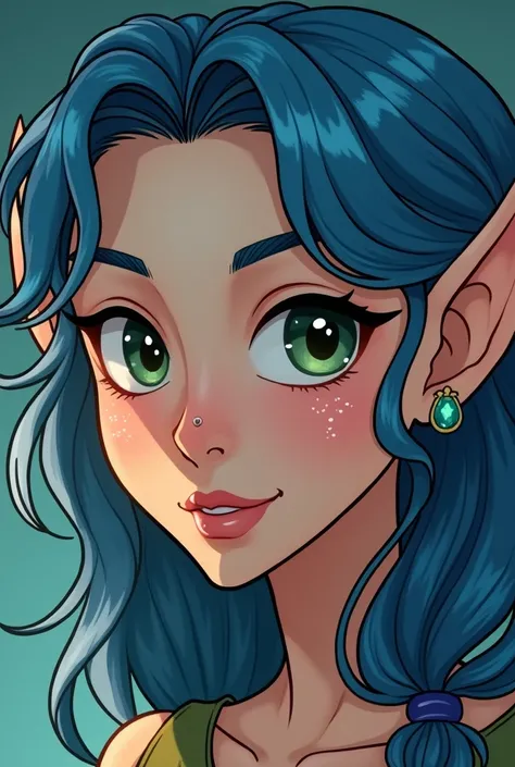 Dessin animé portrait visage et cheveux en entier elfe fille avec  fond lumineux , yeux vert, peau tâches de rousseur sur les pommettes. Dessin sur joue de plusieurs couleurs. Cheveux ondulés bleu, piercing sur le nez