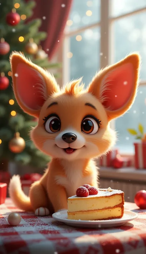 Adorable big-eared dog eating dessert，Christmas atmosphere