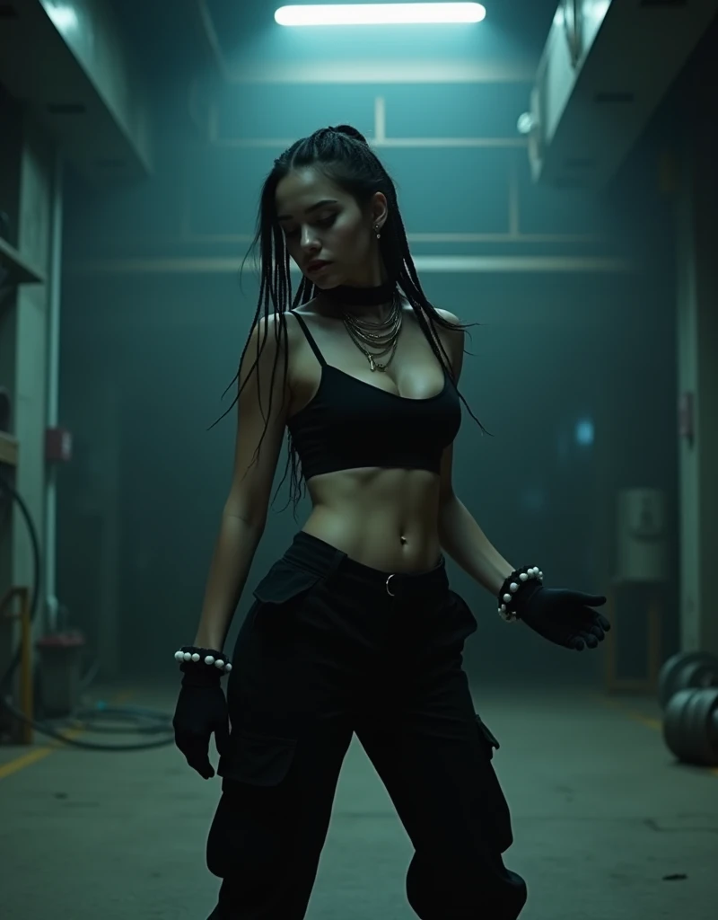 Billie Eilish, cinematic lighting, black hair,　　　　A woman dancing in a dark factory, fluorescent lights shining only on her from above, tight braided hair, black crop top, abs, cleavage, attractive body, black gloves, black wide cargo pants,