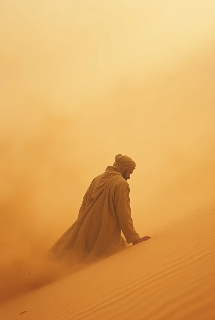 Can you create a picture of muslim travelling through desert and there is a heavy strorm and traveler is in sajda? 