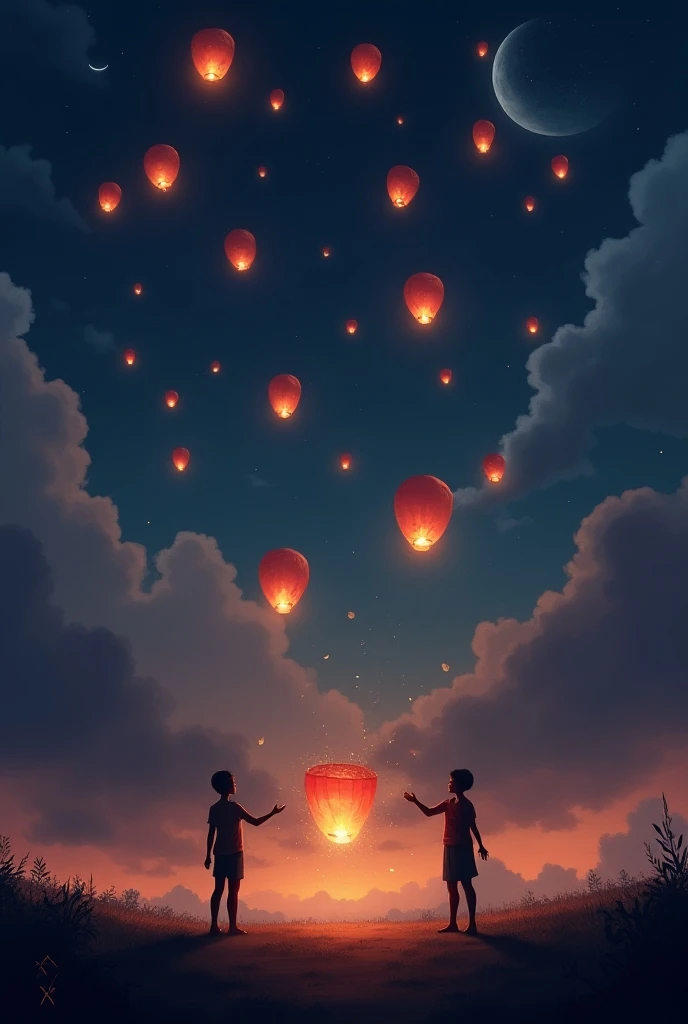 Two people release little fire lathern in the left bottom corner at the night, sky is little cloudy and stars and moon are shine and in the sky there are many fire ballooms and the background is at the Tazaungdaing festival in Myanmar