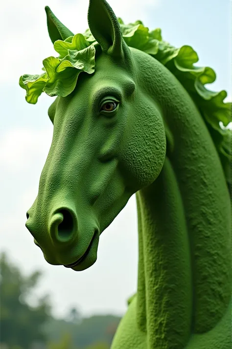 
Close-up of horse statue made of lettuce, lettuce, Salad, Giant sculpture, green mane, anthropomorphic horse, author：Ron S, highly detailed sculpture, baroque vaporwave statue, very very surreal, funny sculpture, Escultura!!, made out of plastic, award wi...