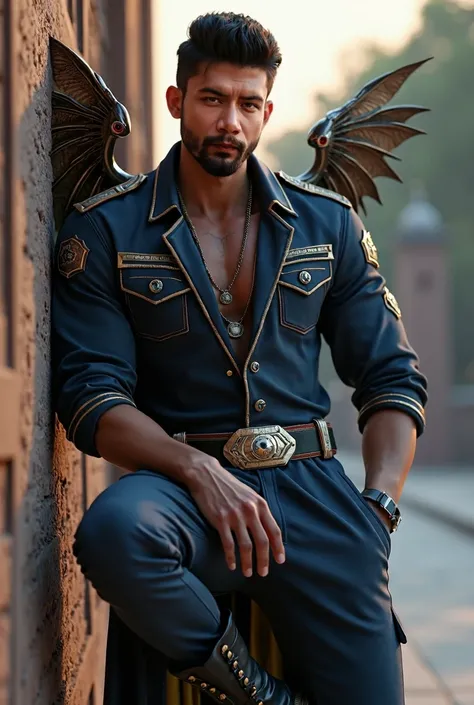 26 year old boy wearing science fiction cargo with devil like mechanical science fiction wings and black boots, having  short subltle pompadour black hair ,fair indian tone skin, looking directly into viewers eyes body with slight side view , resting sligh...