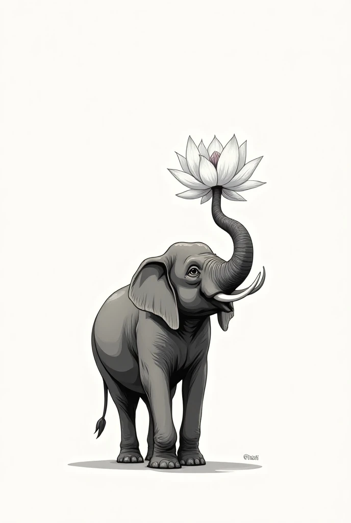 Drawing thick line thai style dont have color, elephant of king and have lotus in elephant trunk