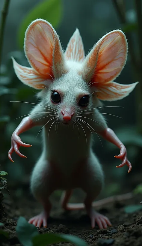 Create a hybrid creature that merges the features of a mouse and an orchid into a seamless, monstrous entity with a dangerous and intimidating appearance. This hybrid should have a mouse’s body, but with petal-like growths emerging from its back and head, ...