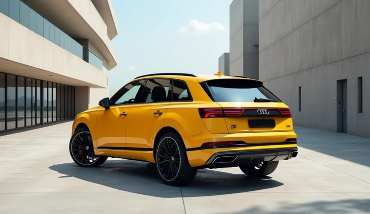 A spacious, high-end street with a minimalist design showcasing a back of single pristine yellow Audi Q7 as the centre of attention. The car stands out on the polished concrete floors, with its perfectly symmetrical body and symmetrical, stylish wheel rims...