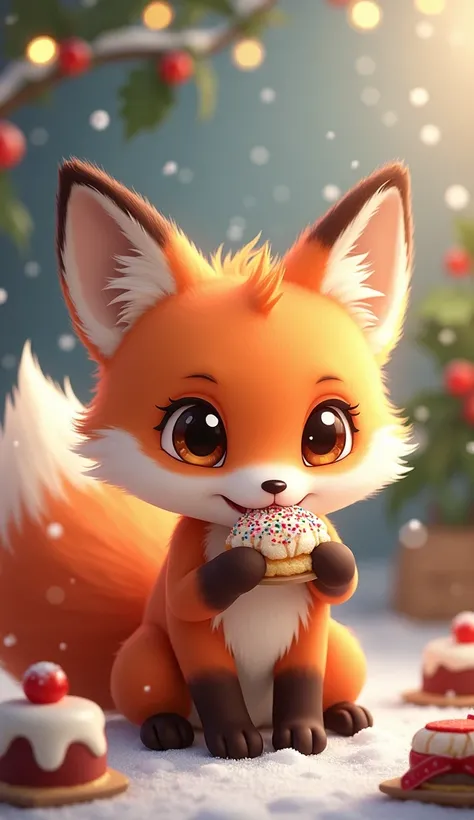 Adorable nine-tailed fox is eating dessert，Christmas atmosphere