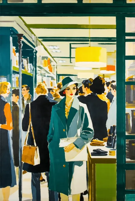 A painting by Fairfield Porter of a stylish 1960s woman in a shop with plenty of people around her