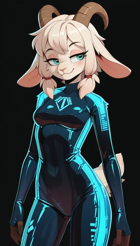 Half-closed eyes, smug smile, 1girl, anthro, furry, fur, fluffy fur, goat girl, holographic latex bodysuit, glossy latex suit, Transparent latex suit, bedroom background, score_9, score_8_up, score_7_up, score_6_up, score_5_up, score_4_up