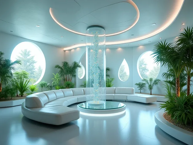 A futuristic interior space in a minimalist style, illuminated with soft ambient lighting, large transparent walls, and high-tech holographic displays. The space has sleek metallic surfaces, smooth curved furniture, and indoor greenery integrated with hydr...